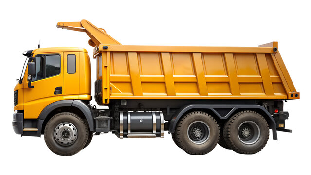 Yellow dump truck isolated on transparent background, a heavyduty vehicle designed for transporting and unloading bulk materials like gravel, sand, or construction debris