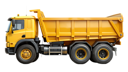 Yellow dump truck isolated on transparent background, a robust vehicle for hauling and unloading materials, essential for construction and earthmoving projects