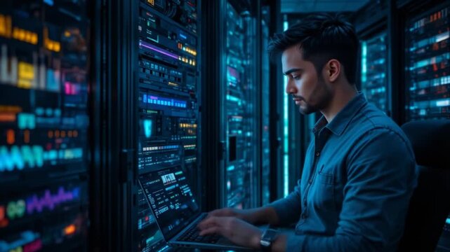 In a data center, a male IT technician runs a maintenance program on a laptop, ensuring the optimal functioning of an operational server rack. 4k video