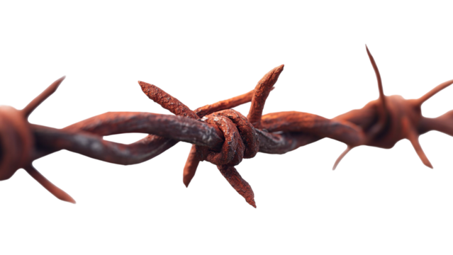 PNG of Close-up of rusted barbed wire, evoking a sense of confinement and resilience in nature.