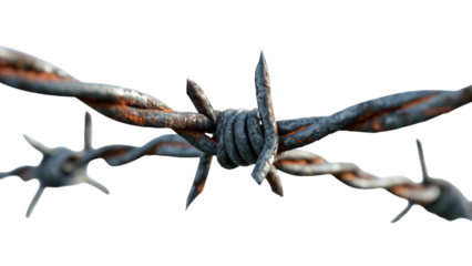 PNG of Close-up of rusty barbed wire, highlighting its twisted metal and sharp edges against a blurred background.