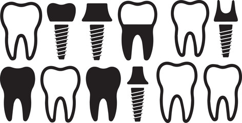 Black and white graphic icons of human teeth and dental implants arranged in two rows tooth