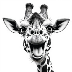 Surprised Giraffe Vector — Black and White Cartoon Illustration of Expressive Animal Face with Open Mouth and Wide Eyes