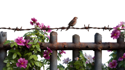 PNG of A small brown bird perched on a rusted barbed wire fence adorned with vibrant pink flowers.