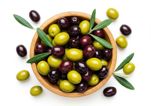 A vibrant bowl of mixed olives with fresh leaves on a white background. - Powered by Adobe
