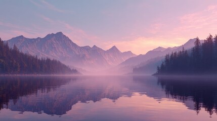 Fototapeta premium Serene mountain lake at sunrise bathed in soft pink and purple hues, reflecting majestic peaks and tranquil waters