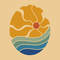Oval abstract landscape illustration depicting a stylized sun with wavy rays over layered blue waves, rendered in warm orange and cool teal tones for a balanced retro-modern aesthetic