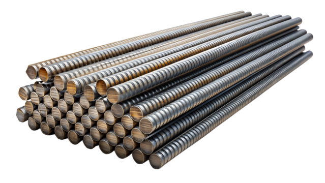 Pile of ribbed steel bars for reinforced concrete isolated on transparent background, a common material used in construction and infrastructure projects
