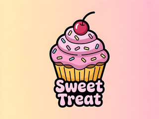 Sweet Treat cupcake logo illustration featuring pink frosting, colorful sprinkles, and a red cherry on top, ideal for branding.