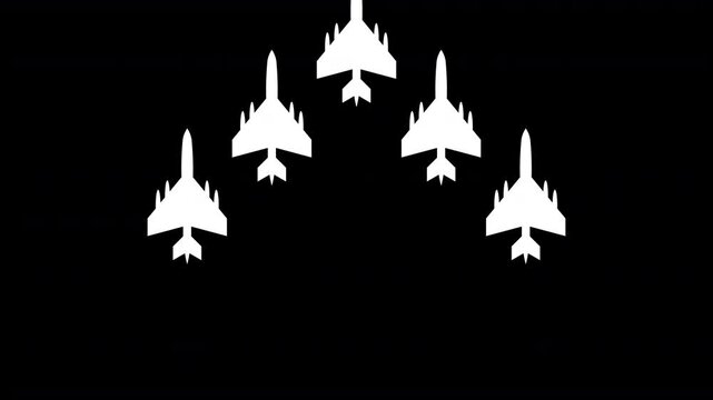 five jets fighter fly route from bottom to top.  animation on black background 4k video