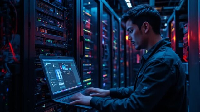 In a data center, a male IT technician runs a maintenance program on a laptop, ensuring the optimal functioning of an operational server rack. 4k video