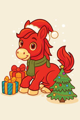 Happy New Year Greeting: Cute Red Fire Horse with Gifts Vector