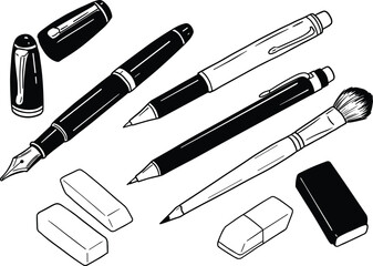 Stationery clipart set, black and white vector drawing tools, fountain pen, pencil, brush, eraser, sketch style illustration, digital art supplies