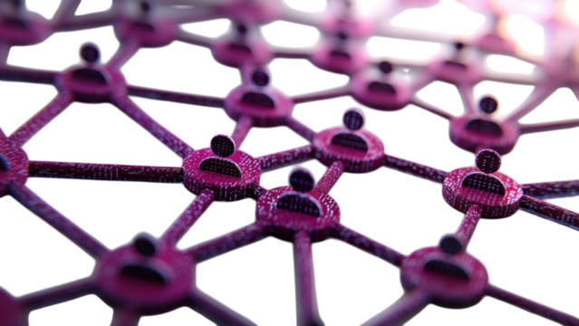 PNG of Abstract digital network connecting individuals in a vibrant purple hue, symbolizing communication and collaboration.