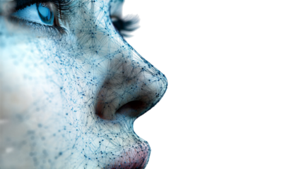 PNG of Close-up of a female face with a digital network overlay, showcasing a blend of technology and human features.