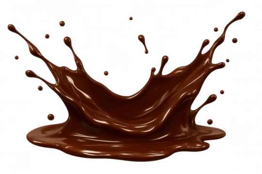 Rich chocolate liquid splashing with dynamic drops and swirls, creating an energetic sweet dessert pour on transparent background