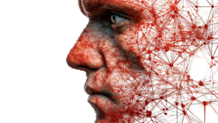 PNG of A thoughtful male model with light skin blends into a web of intricate red neural patterns, symbolizing deep connections.