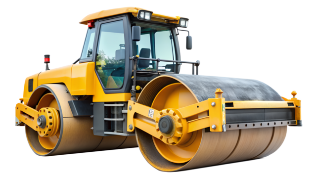 Yellow road roller isolated on transparent background is a heavy equipment machine used for compacting soil, gravel, concrete, or asphalt in road construction