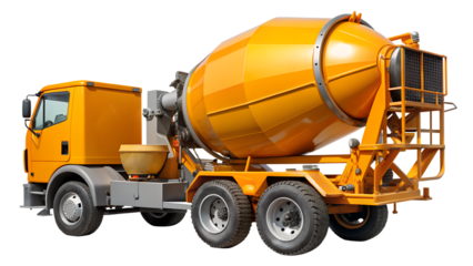 Yellow cement mixer truck isolated on transparent background is a specialized vehicle used to transport and mix concrete for construction projects