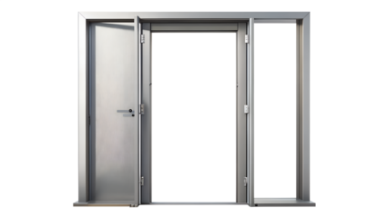 Metal door frame with open door and window isolated on transparent background, ideal for architectural and construction related projects