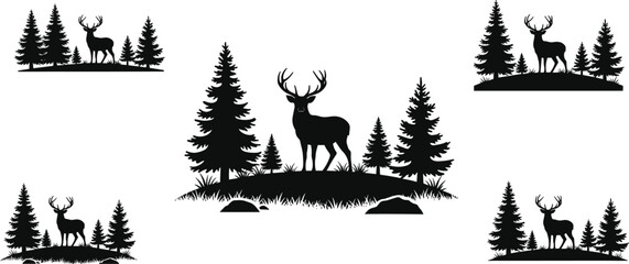 Deer in forest silhouette collection, wild nature landscape with pine trees, wildlife scene vector illustration, outdoor adventure and hunting theme design