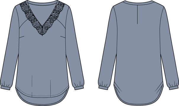 Women’s lace V-neck blouse flat sketch, long sleeve top design, CAD apparel template, vector garment illustration, clothing technical drawing, fashion pattern