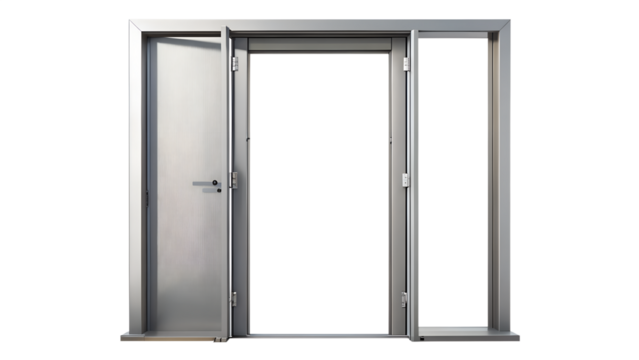 Metal door frame with open door and window isolated on transparent background, ideal for architectural and construction related projects - Powered by Adobe