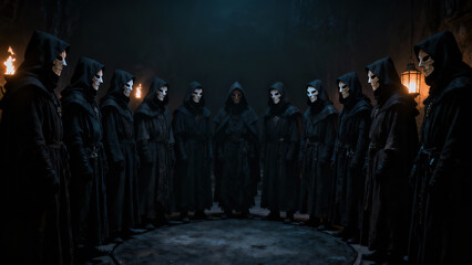 Hooded figures with skull masks stand in a circle in a dimly lit chamber. Flickering candlelight creates a haunting atmosphere. Shadows dance on the stone walls, enhancing the eerie setting