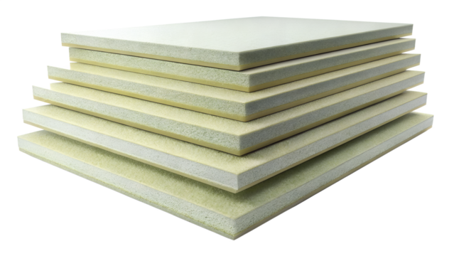 Stack of oriented strand board osb panels isolated on transparent background, illustrating engineered wood product for construction and sheathing purposes
