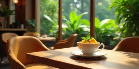 Fototapeta premium A refreshing tropical fruit dessert in a cozy cafe setting, bathed in sunlight streaming through large windows overlooking lush greenery