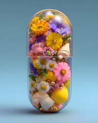 Surreal capsule filled with flowers lemons and shells in colorful botanical still life
