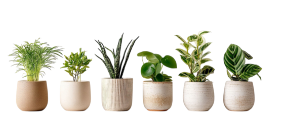 PNG of A charming display of six indoor plants in chic pots, enhancing any modern living space with greenery and tranquility.
