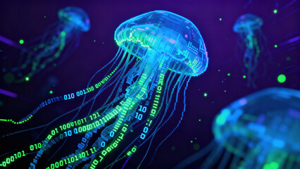A vibrant scene depicts jellyfish gracefully moving through a sea filled with glowing binary code. The background showcases a deep digital ocean ambiance with bright colors