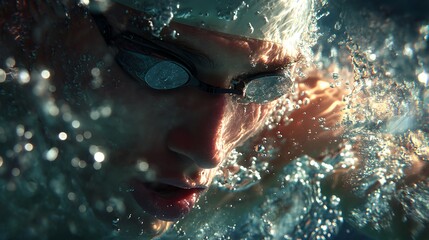 male swimmer mid-stroke underwater, bubbles and motion trails, cinematic lighting through water, fine art hyper-realistic style, 32K detail 