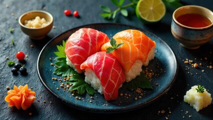 Vibrant Seafood Delicacy A Close-up of Beautifully Arranged Sushi on a Dark Plate with Garnishes