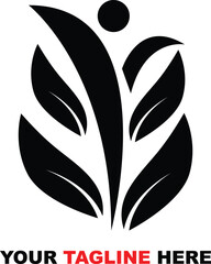 Abstract black silhouette person and leaves logo design for health and wellness businesses isolated on white background