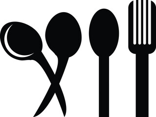 Set of four kitchen utensils including spoons and fork silhouette icons isolated on white background