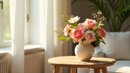 Sunlight illuminates a delicate arrangement of pink roses and white wildflowers in a simple vase on a wooden table
