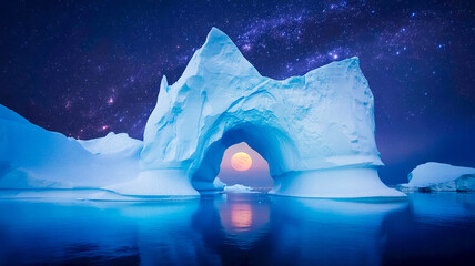 Dramatic moonlit ice arch rises from calm Arctic waters, framed by a star-filled sky. Cool blue tones emphasize the serene, pristine polar wilderness, inviting exploration and awe at nature’s power.