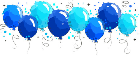 Birthday frame with hand drawn blue watercolor balloons, gender reveal and baby shower party