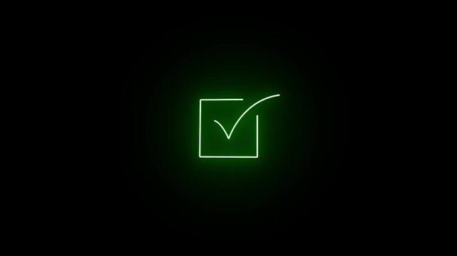 Glowing neon check mark icon animation with square shape. Select right, check box confirm, success, correct animated on black background.