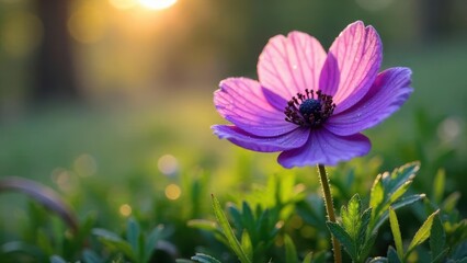 Fototapeta premium A single purple flower blossoms in the soft light of the setting sun, dew drops clinging to its petals, surrounded by vibrant green foliage.