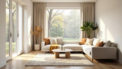 Fototapeta premium Serene Living Room Design Featuring a Large Window, Neutral Color Palette, and Cozy Sectional Sofa