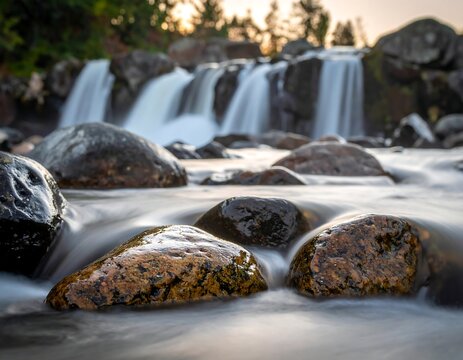 Low-angle view of a waterfall cascading over rocks with blurred water