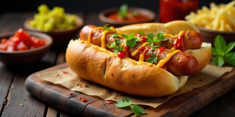 A Delicious Gourmet Hot Dog Topped with Mustard, Ketchup, and Fresh Herbs Served on a Toasted Bun with Side Dishes