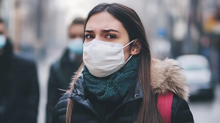 Worried woman wearing a surgical mask in a crowded city to protect herself from viruses and air pollution with other people in the background