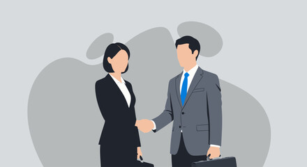 Illustration of a professional man and woman in business suits shaking hands, symbolizing a successful partnership agreement and corporate deal