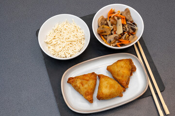 Golden Fried Samosas with Rice, Mushrooms and Bamboo Shoots Asian Fusion Meal
