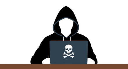 Anonymous hacker in a hoodie working on a laptop with a skull and crossbones, representing cybercrime, data theft, and internet security risks