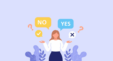 Decision making process, choosing between yes or no with visual cues and thought bubbles